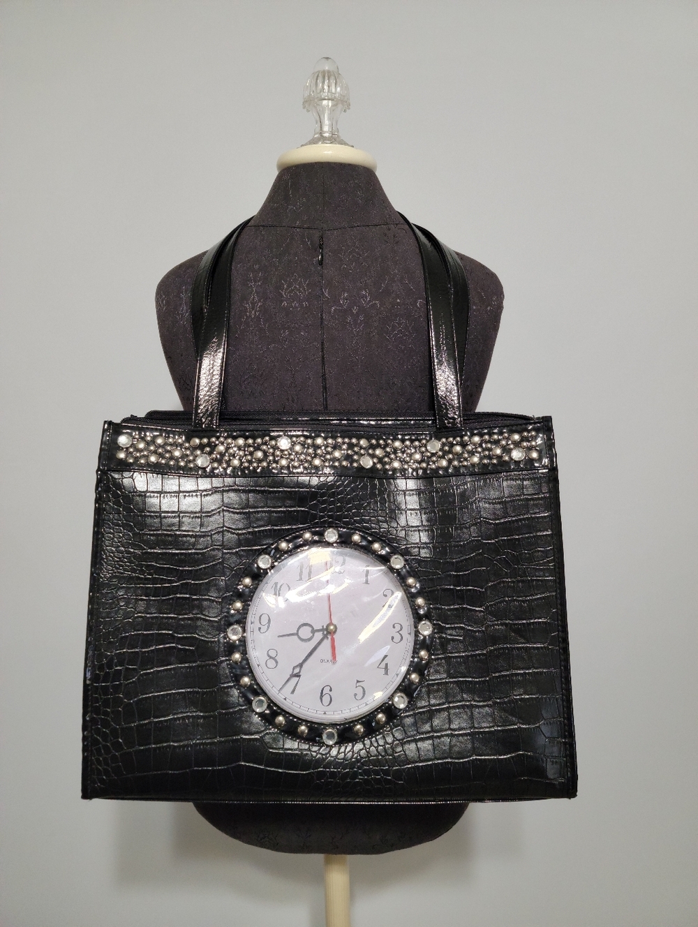 Vintage Far Nine Women's Patent Leather Clock Time Tote Purse Stud Bling Black